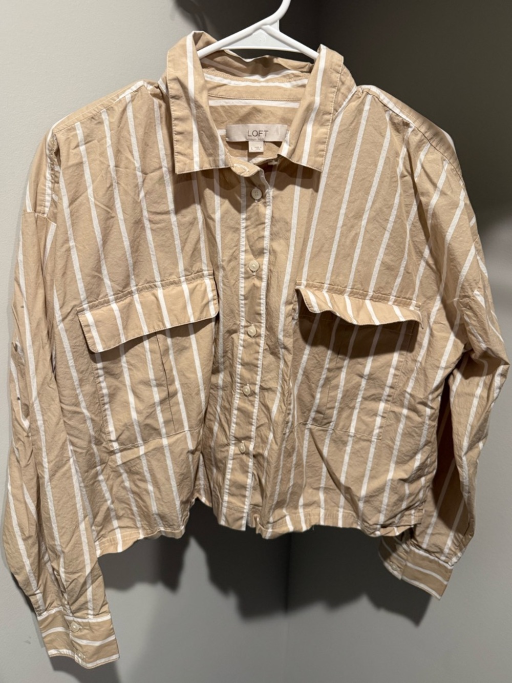 LOFT Taupe & White Striped Button-Front Shirt Jacket